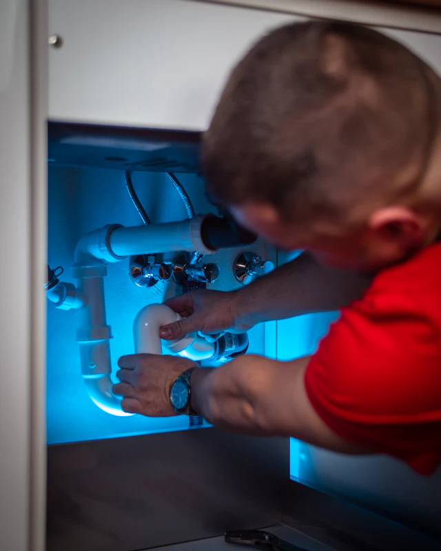 Licensed plumber repairing a sink drain and supply lines in Noblesville, IN