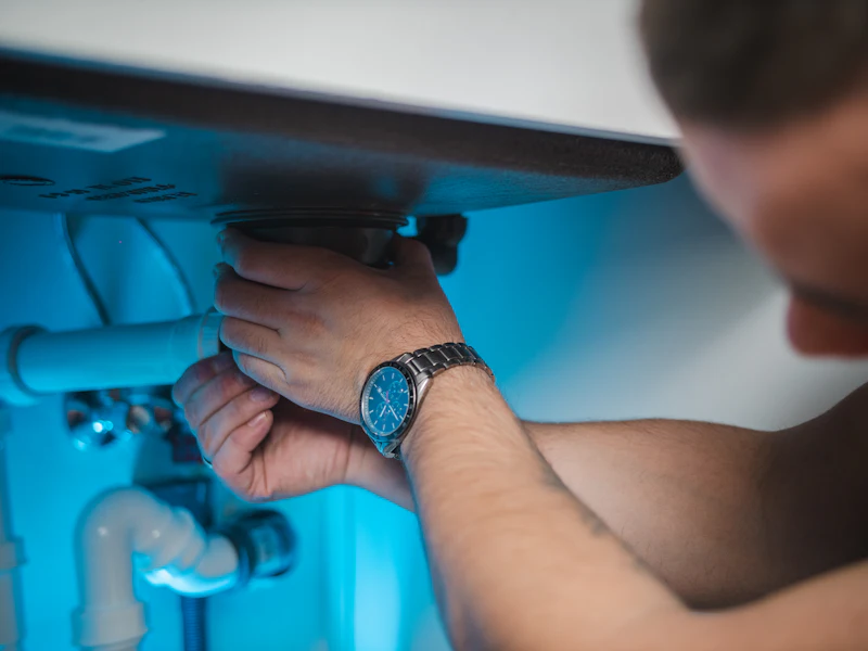 Plumber tightening a leaking supply connection under a bathroom sink in Noblesville, IN