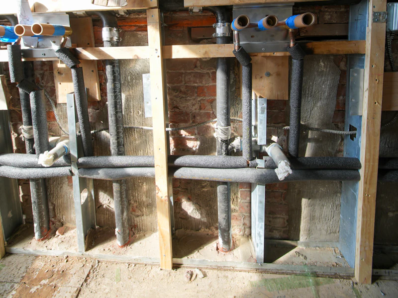 New insulated PEX water lines installed inside an open wall during repiping in Noblesville, IN