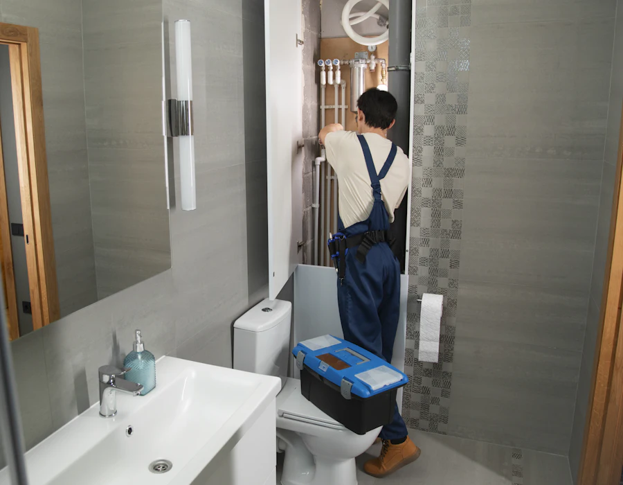 Licensed plumber with a toolbox repairing bathroom plumbing
