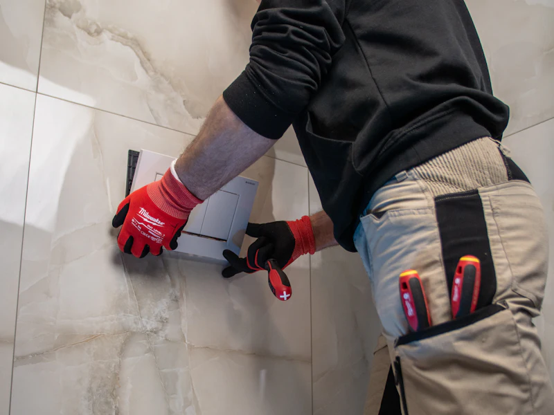 Plumber installing a wall-hung toilet and flush plate in Noblesville, IN