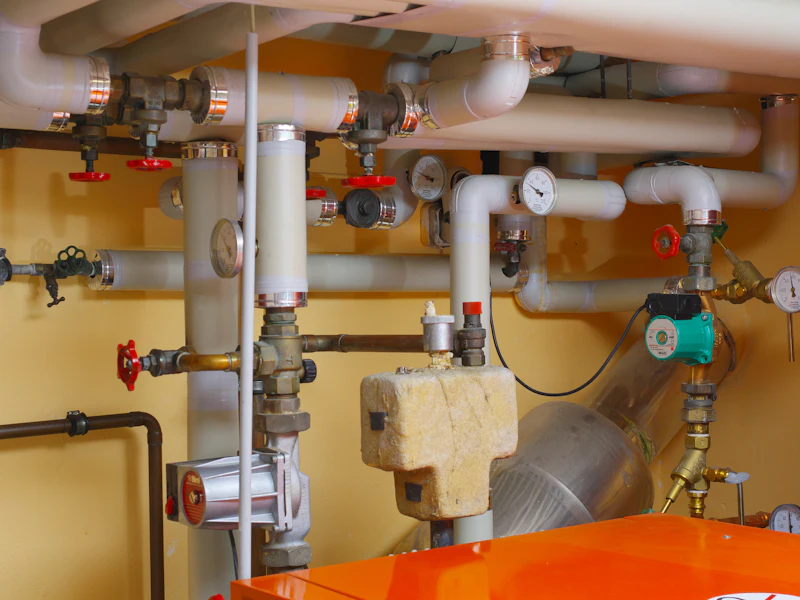Water heater and boiler piping with shut-off valves, gauges and a circulation pump in Noblesville, IN